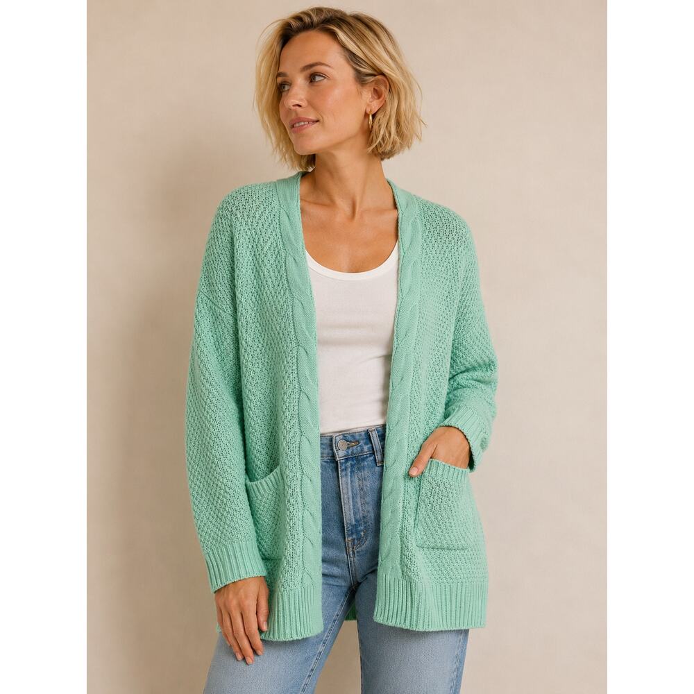 Mint Green Chunky Knit Open Front Cardigan Women’s Medium Cozy Pocket Sweater